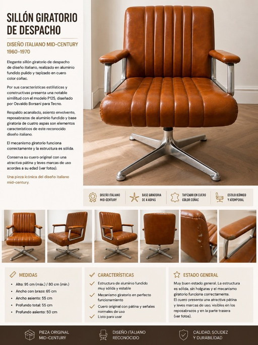 Italiaanse draaibare bureaustoel uit het midden van de 20e eeuw, van aluminium en cognacbruin leer. – draaistoelen, Leather