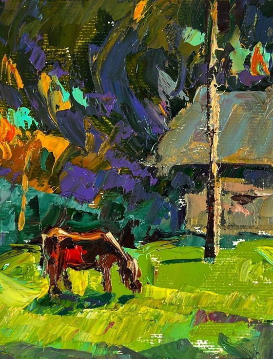 Image 1 of Peinture à l'huile originale représentant un paysage rural et une journée d'été au village