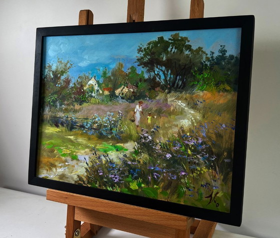 Image 1 of Original Oil Painting Summer Village Landscape Joyful walks through the field