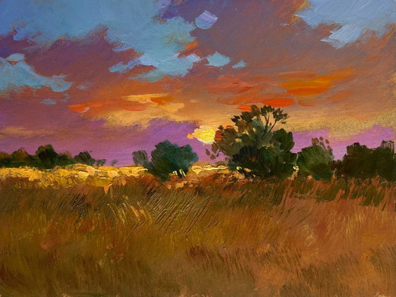 Image 1 of Original Oil Painting Sunset Field Landscape Gold of the passing day