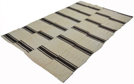 Minimal Vintage Anatolian Kilim – Cream & Black Striped Handwoven Wool Flatweave Rug 281 x 185 cm (photo 8 of 10)