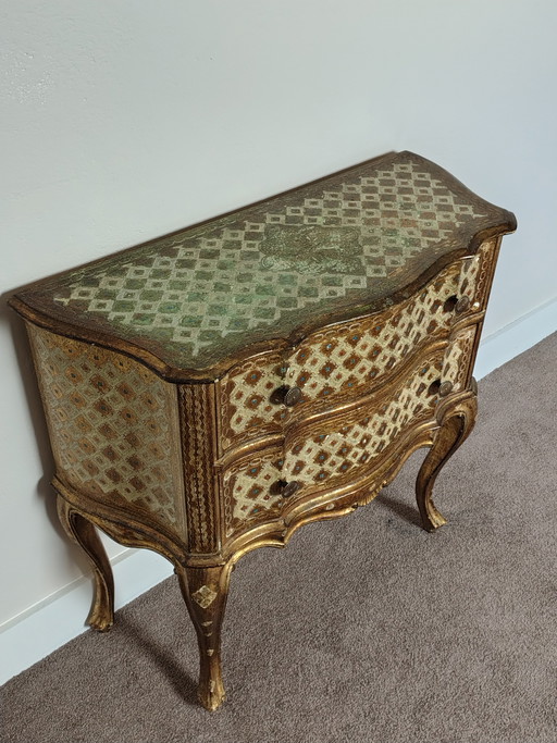 Commode florentine ancienne à deux tiroirs et finition plaquée or