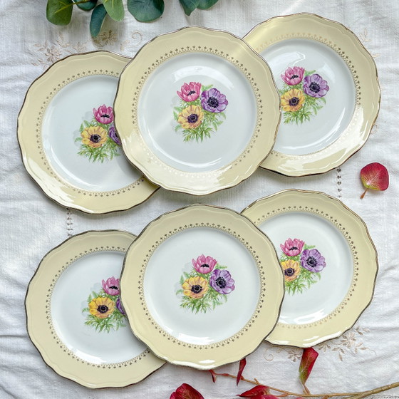 Vintage Porseleinen Dinerborden met Wit, Geel & Gouden Bloemenpatroon, L'Amandinoise "Coopélia" - Vintage (photo 9 of 16)
