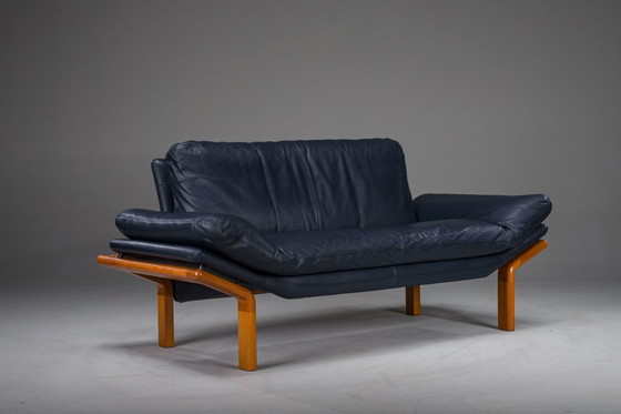 Image 1 of Danish Teak and Navy Blue Leather 2-Seater Sofa from Komfort, 1970s