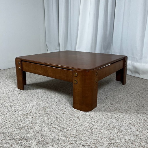 Table basse carré moderniste en placage hêtre teinté teck, 1970/80