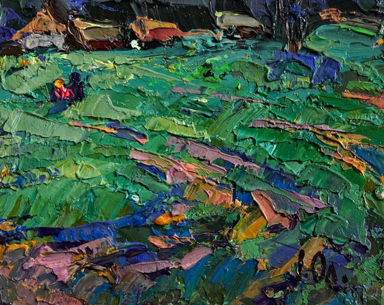 Image 1 of Original Oil Painting Night Village Landscape Light from the moon