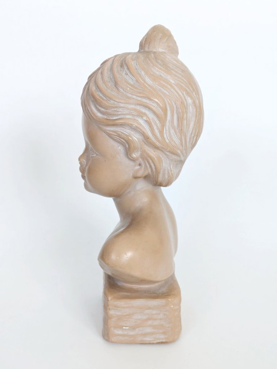 Image 1 of Vintage Young Girl Bust on Pedestal, After Salvatore Melani, Glazed Plaster Terracotta Patina, Signed