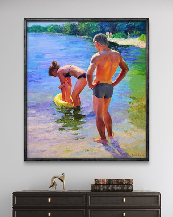 Image 1 of Original Oil Painting Natural Landscape River Happy Summer Childhood