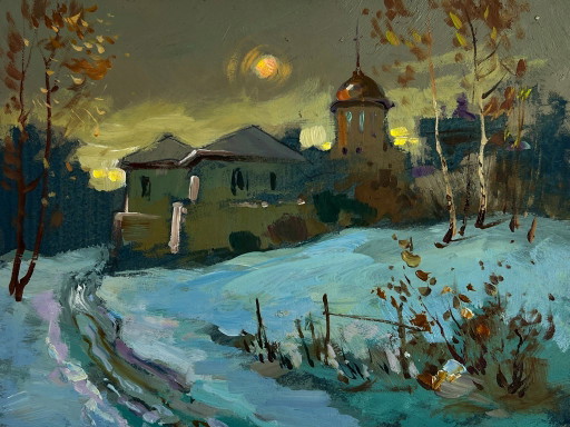 Pintura al óleo original: Paisaje invernal vespertino, puesta de sol detrás del pueblo.