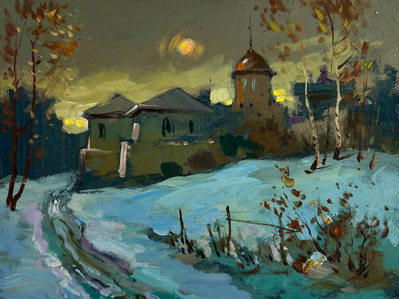 Image 1 of Original Oil Painting Evening Winter Landscape Sunset behind the village