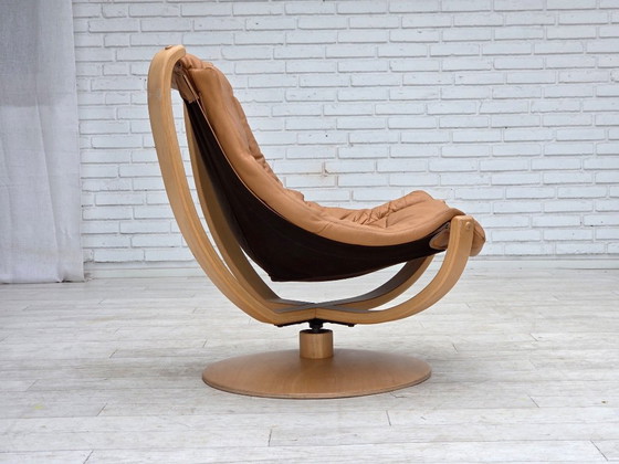 Image 1 of Scandinavische draaibare fauteuil uit de jaren 80, meubelleer, gebogen hout.