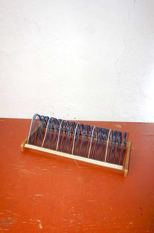 vintage 1970s plattofix lp rack * blue * german * record holder * steel wire & wood vinyl stand * mid-century modern album stora