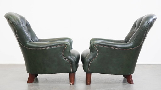 2x Fauteuil chesterfield en cuir de vachette vert de style anglais