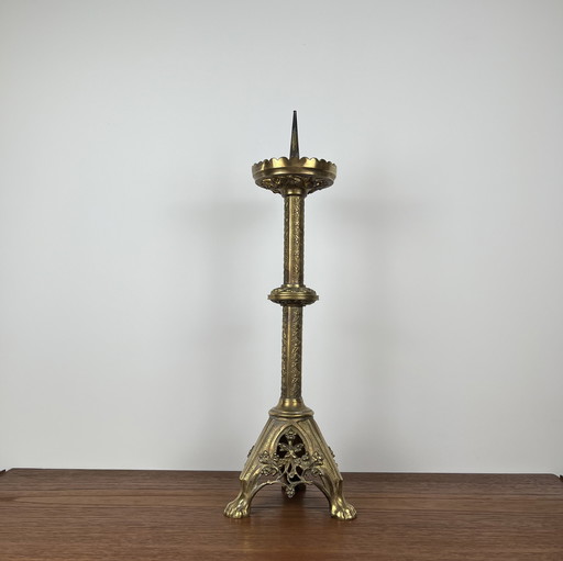 Antique Gothic Bronze Religious Candlestick