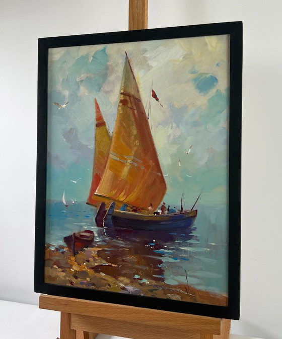 Image 1 of Peinture à l'huile originale représentant un paysage marin côtier. Bateau solitaire dans les vagues.