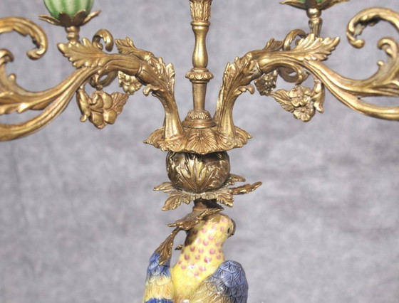 Image 1 of Candlesticks with parrots made of porcelain and bronze