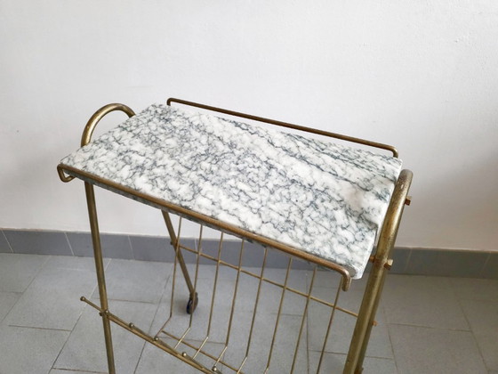 Image 1 of Vintage 1950s Brass & Marble Rolling Magazine Rack Side Table