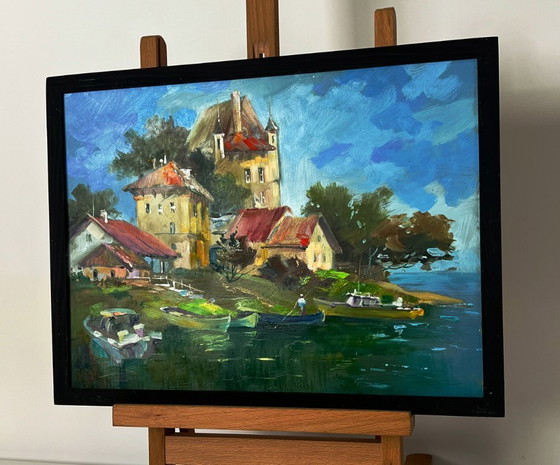 Image 1 of Peinture à l'huile originale, paysage rural estival, village riverain, quai de bateau