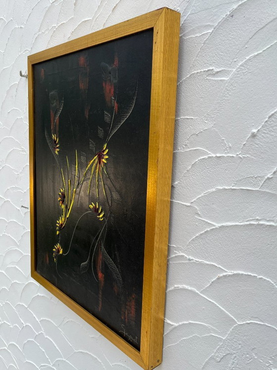 Image 1 of Vintage painting by S. Dewael, 1974, floral composition on a black background