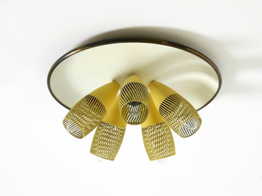 Very rare 5-arm mid-century modern metal bag ceiling lamp with round white reflector