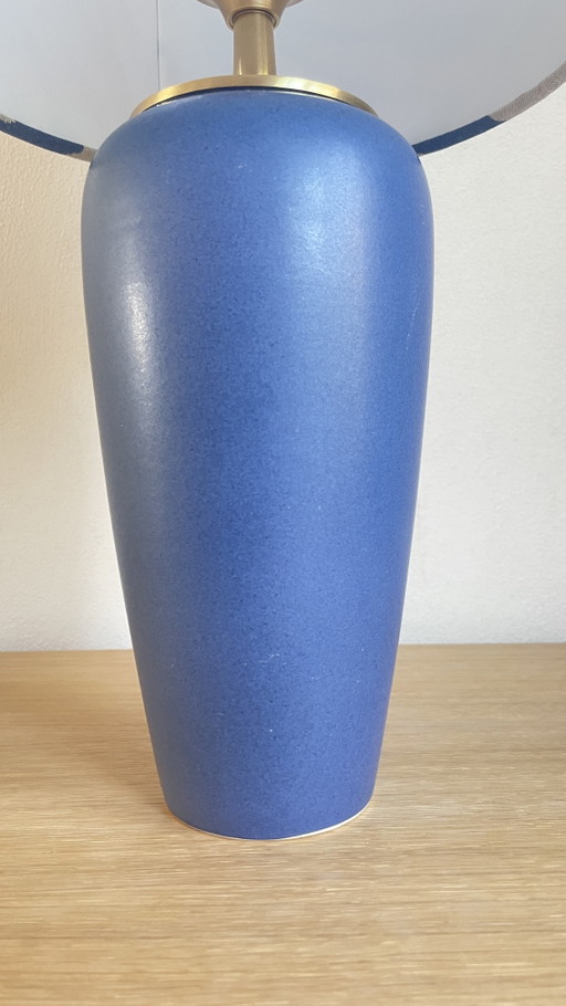 Vintage Handmade Table Lamp (49cm) – Blue West Germany Base with Zebra Print Lampshade