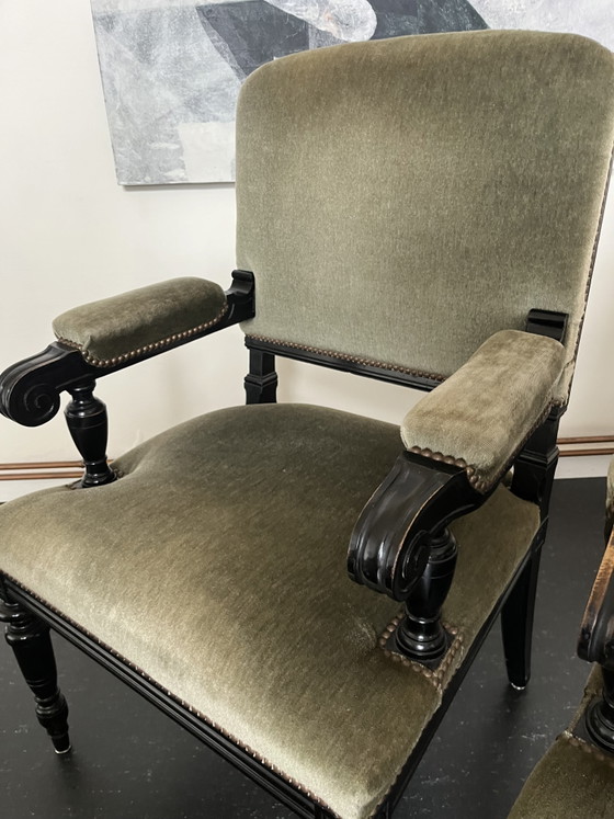 French Armchairs, Black Lacquered Wood, Olive Green Velvet (photo 6 of 15)