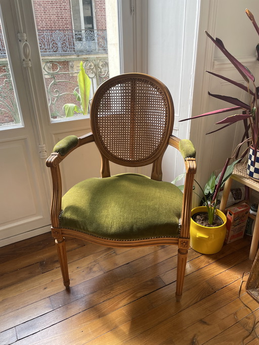Louis XVI fauteuil in fluweel en rotan