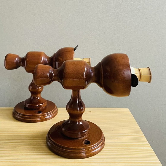 Image 1 of Apliques de pared rústicos portugueses de madera y cristal, juego de 2, década de 1990.