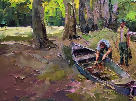 Image 1 of Origineel olieverfschilderij: Landelijk landschap, natuur, een boot nabij de kust