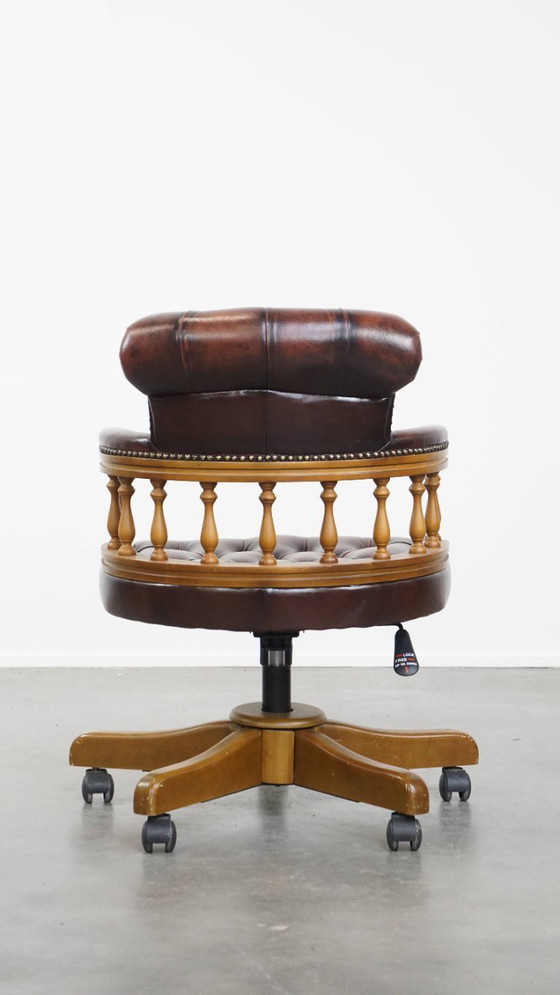 Image 1 of Brown height adjustable cowhide leather and wood chesterfield office chair on wheels
