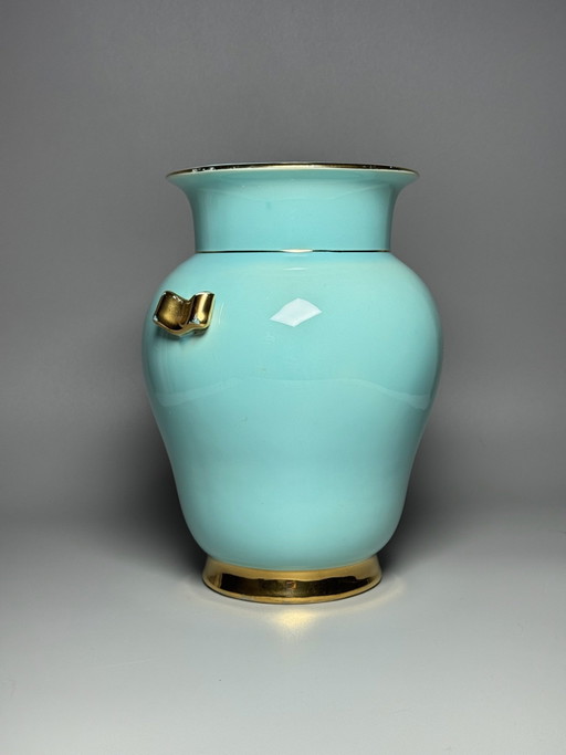 Boch Frères – Jarrón Art Déco – Raymond Chevallier – Esmalte azul turquesa con detalles dorados – Bélgica