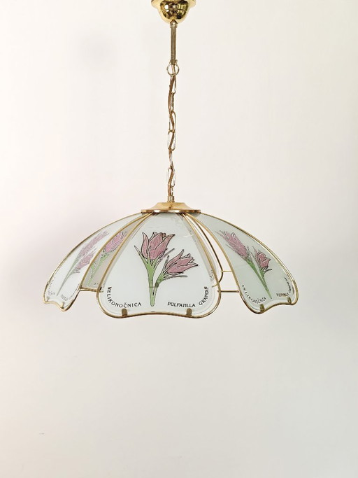 Vintage hanglamp met bloemblaadjes / Retro botanische messing plafondkroonluchter / Glazen tulp hanglamp uit de jaren 80