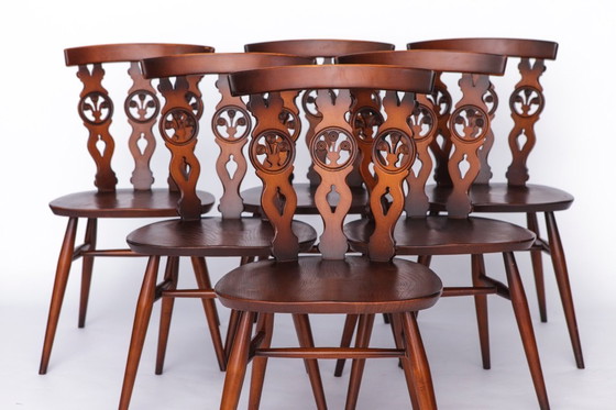 Image 1 of Set of 6 Mid-Century Elm Dining Chairs by Ercol – Vintage English Chairs, 1960s