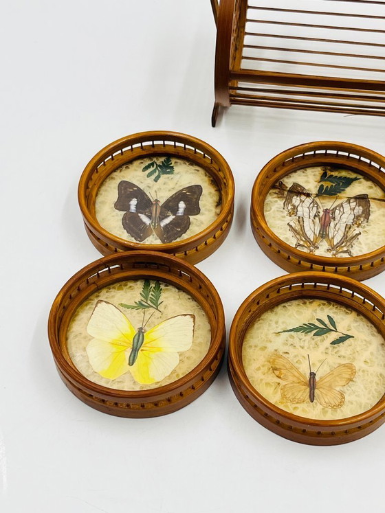 Image 1 of Vintage wooden coaster holder with 6 butterfly coasters