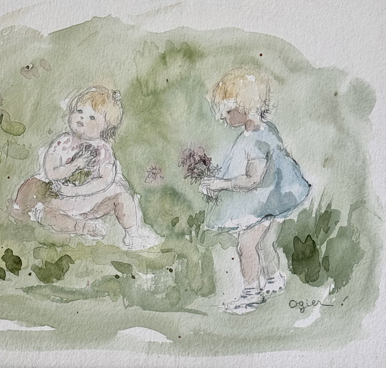 Image 1 of Marie Louise Ogier - Magnifico acquerello "due bambini che raccolgono fiori" circa 1980