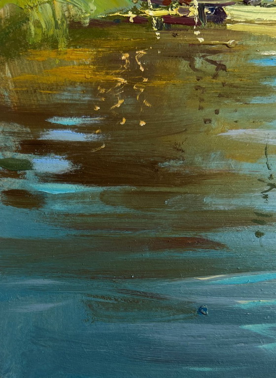 Image 1 of Original Oil Painting Summer River Landscape Boat ride on the river