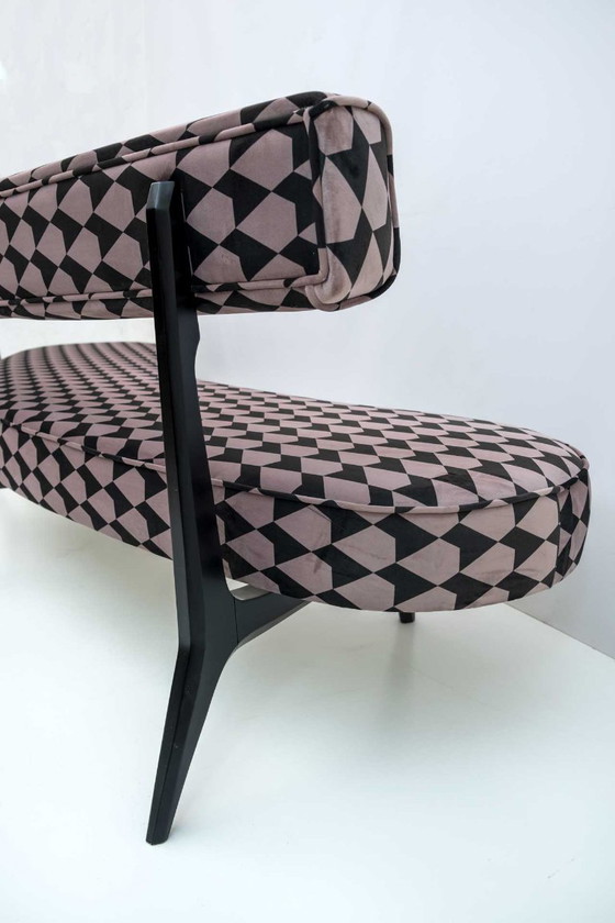 Curved Bench with Black and Beige Geometric Pattern, Kagan, Benches, Textile, Velvet, Mid Century Modern (photo 10 of 12)