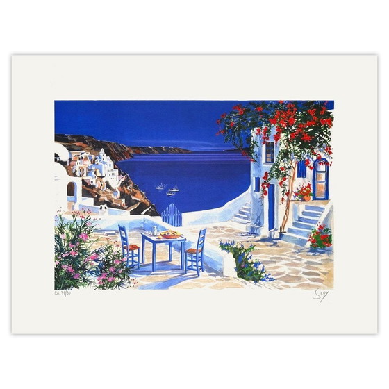 Image 1 of André Savy alias Bongibault – Griechenland: Der kleine Tisch auf der Terrasse in Mykonos