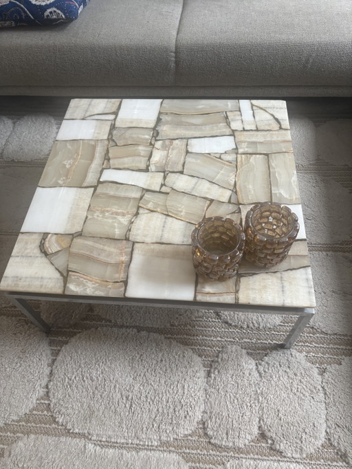 Magnifique table basse vintage/design en onyx avec piètement en acier