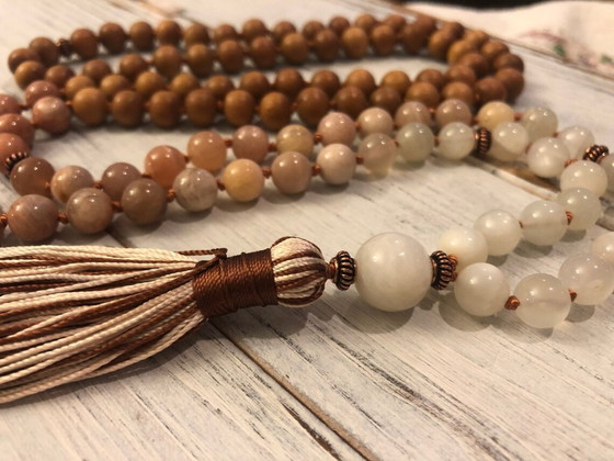 Image 1 of Divine Sandalwood Moonstone Mala, 108 Mala Beads, Buddhist Prayer, Meditation, Femine Energy, Goddess, Awareness Tranquility Div