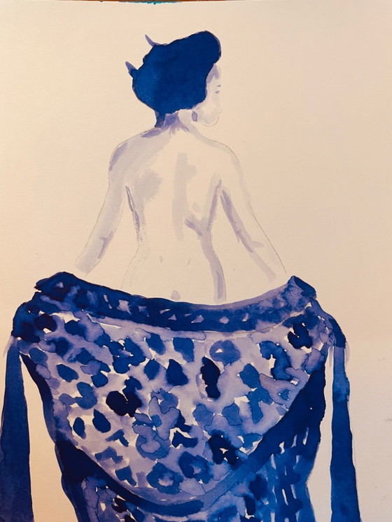 Image 1 of Monochrome Watercolor Indigo Blue Portrait of a Woman "Japan Denim"