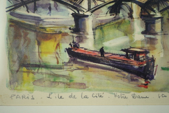 Image 1 of Antike gerahmte Farbgravur. Marius Girard. Die Île de la Cité, Paris.