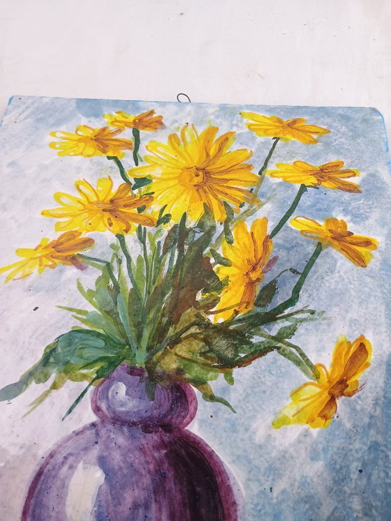 Image 1 of Signed Italian Faience Wall Tile by Aconte, Hand Painted Floral Still Life, Made in Italy Vintage Ceramic Art
