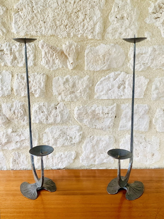 Image 1 of French, Brutalist Style, Two-Arm, Iron Candlesticks, Set Of 2