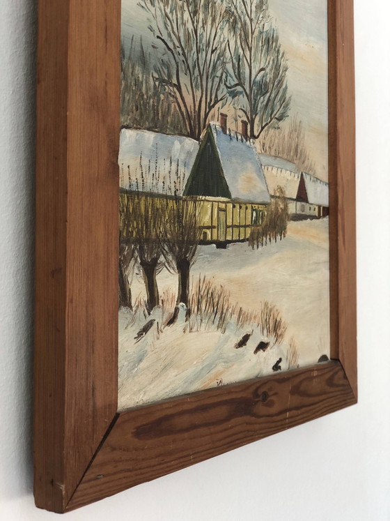Image 1 of Vintage Original Cottage Oil Painting: Framed Winter Landscape Art