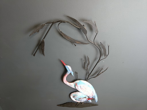 Large Ceramic Héron or Crane Bird Wall Sculpture, 1970s