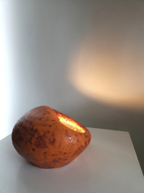 Image 1 of Keramieken vintage tafellamp, chamotte klei, oranje brutalist aardewerken mcm lamp