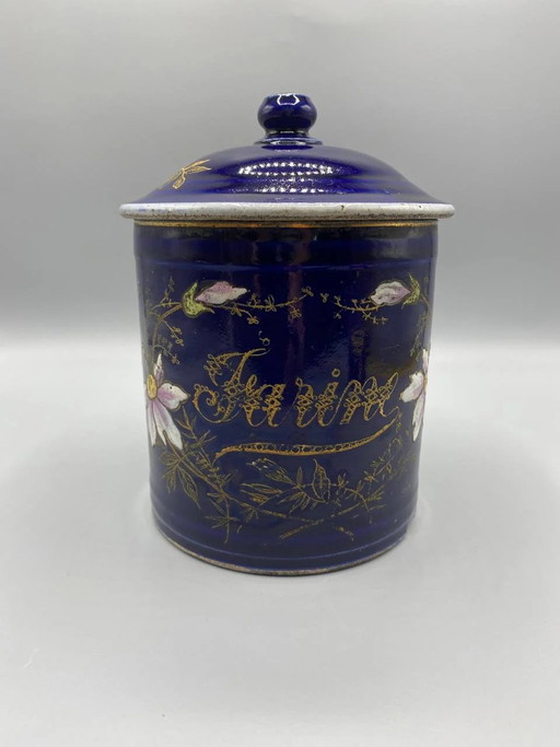 Cobalt Blue Faience Flour Pot with Japanese Floral Decoration – decoratieve objecten