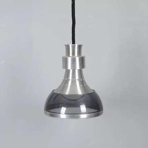 Lampada a sospensione vintage in alluminio con paralume in plexiglas, stile Space Age