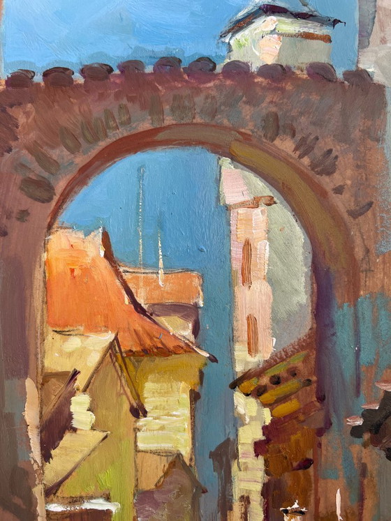 Image 1 of Dipinto ad olio originale Paesaggio urbano diurno Vecchia strada della città